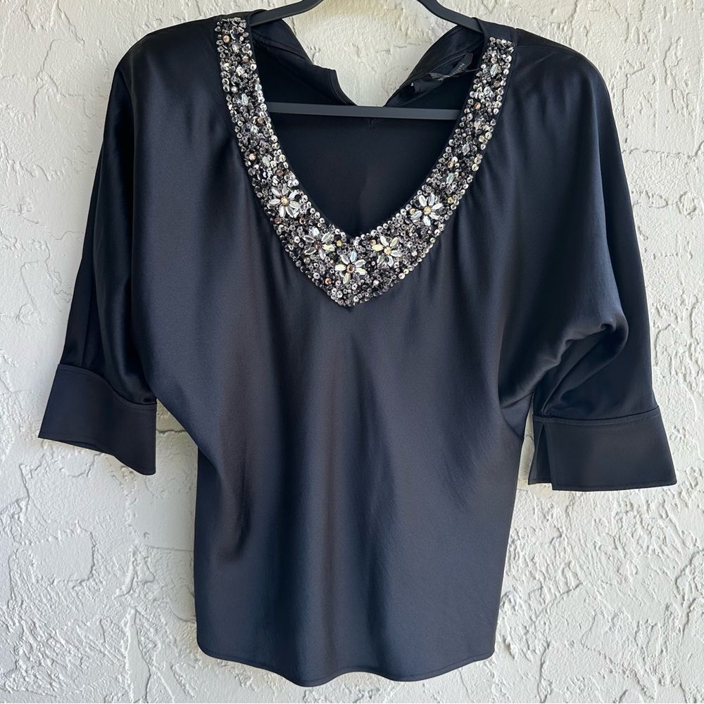 ST. JOHN Blouse Top Women 2 Silk Evening Formal Beaded Embellished